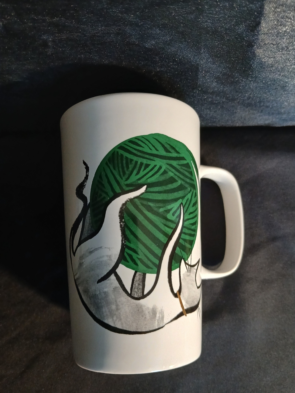 Starbucks White Mug with Green Leaf-Pattern Cat Illustration